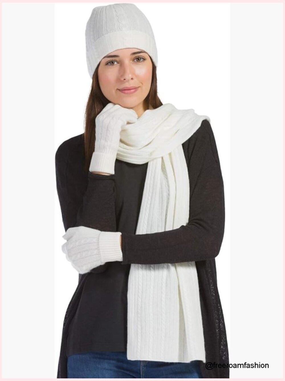 Women's 3pc Cashmere Cable Knit Hat Glove Scarf Set with Gift Box
